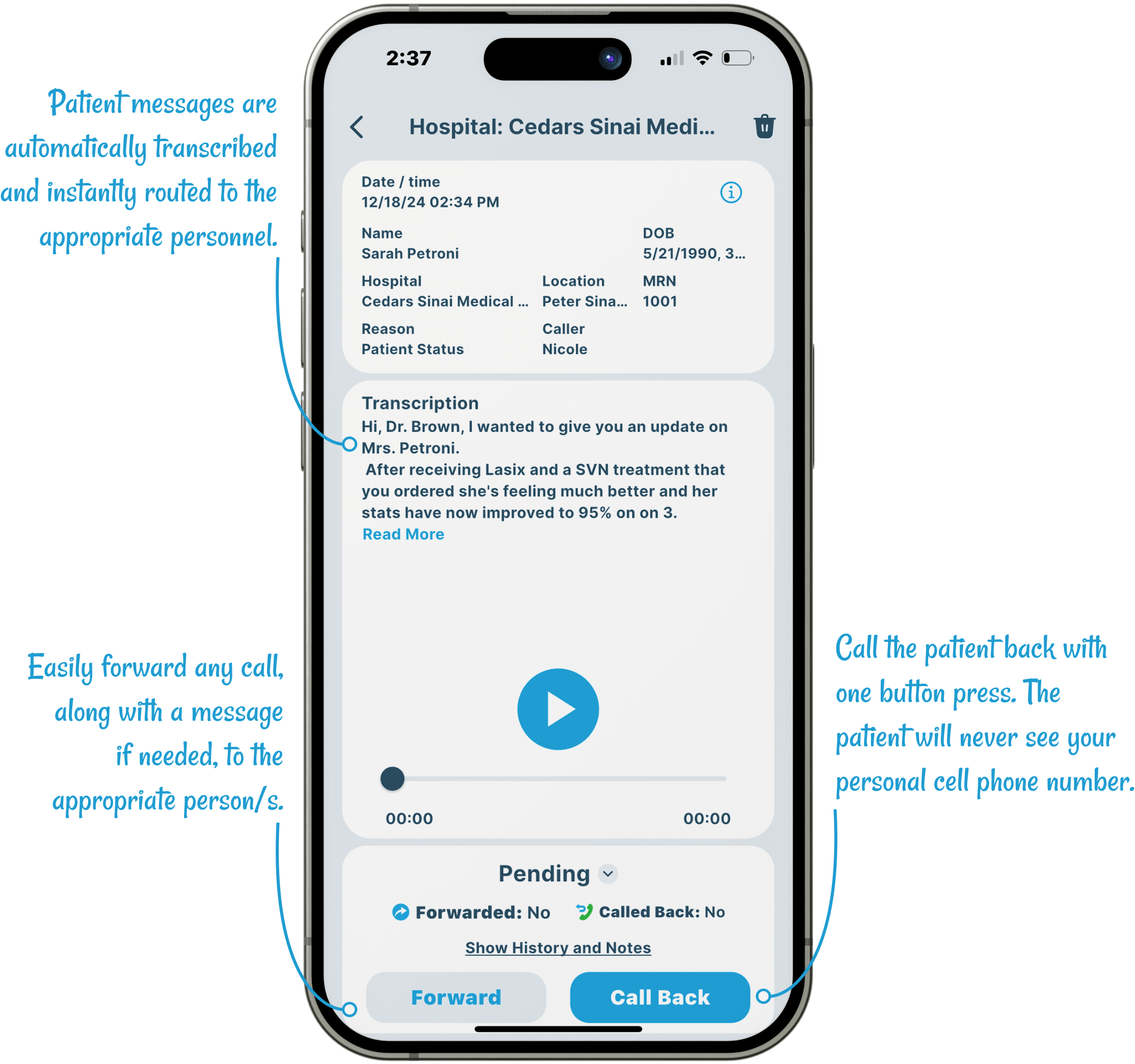 Screenshot of a doctor's phone displaying a voicemail from a patient for a medical answering service.
